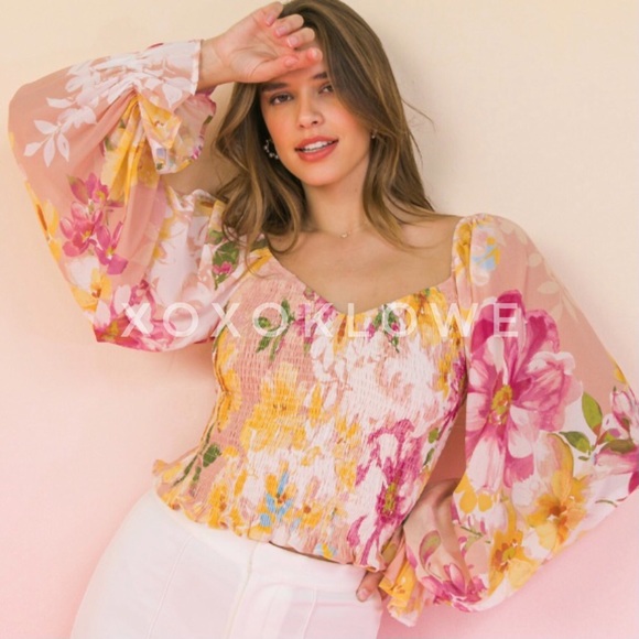 Pink & Yellow Floral Smocked Bubble Sleeve Blouse - Picture 15 of 16